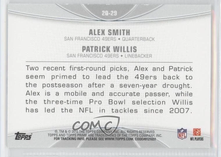 2010 Topps Prime 2nd Quarter Alex Smith Patrick Willis #2Q-29 HOF - Image 2 of 2