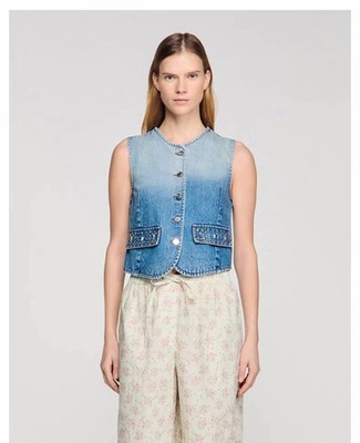 Sandro Color-blocking collared denim vest Sleeveless tank top Coat