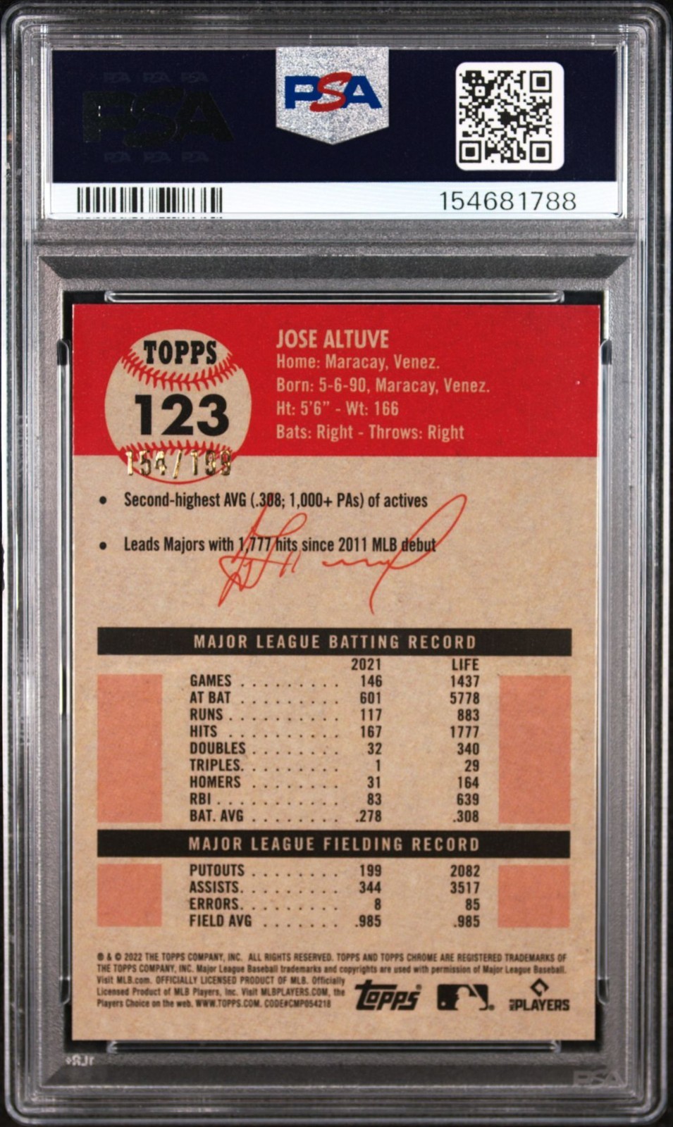Jose Altuve 2022 Topps Chrome Platinum #123 Toile Blue Refractor /199 PSA 10 view 2