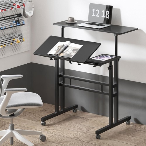 soges Mobile Laptop Sit-Stand Desk, Height Adjustable Standing Tiltable Black - Afbeelding 2 van 9