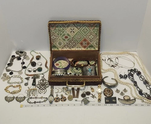 Vintage Costume Jewelry Lot w/ Box Necklaces Rings Bracelets Pearls Pendants Ear
