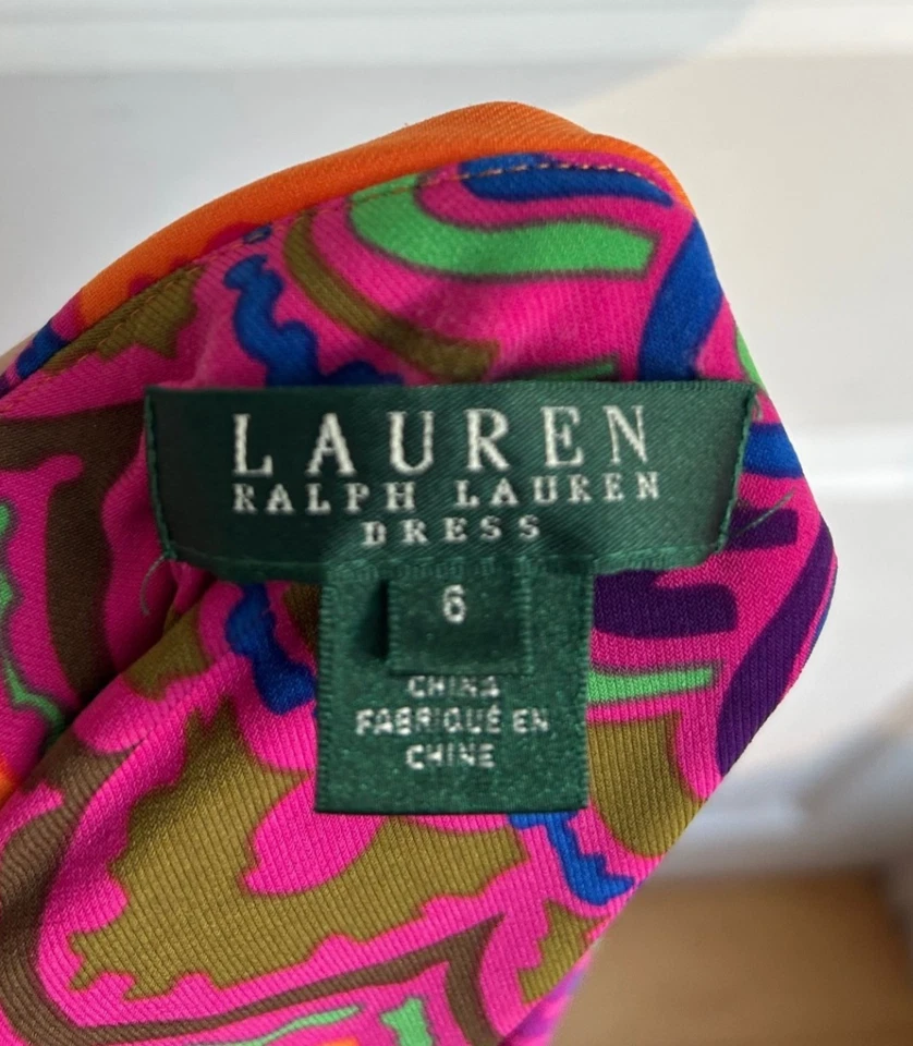 Lauren Ralph Lauren Paisley Faux Wrap Dress Size 6 Boho Tropical Vacation Orange - Image 4 of 4