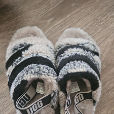 UGG Fluff Yeah Striped Faux Fur Slide Slippers Gray/Black Womens US 8