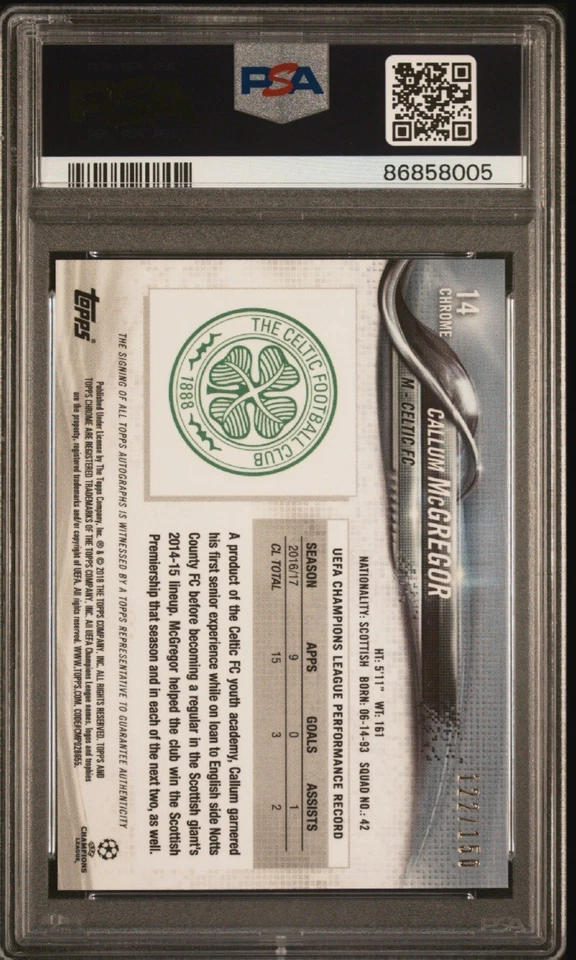 2017-18 Topps cromo UCL #14 Callum McGregor refractor azul automático/150 PSA 10. Foto 2 de 2