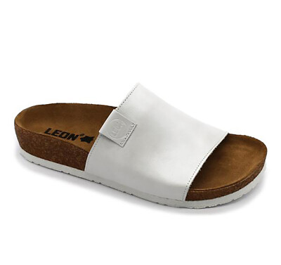 LEON 4205 Leder Slipper Damen Ladies Sandalen Pantoletten Clogs Hausschuhe Pantolette, weiß