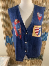 Vintage Ol Paint Denim Vest Large Womens Y2k Brown Bear Cottage Patchwork P
