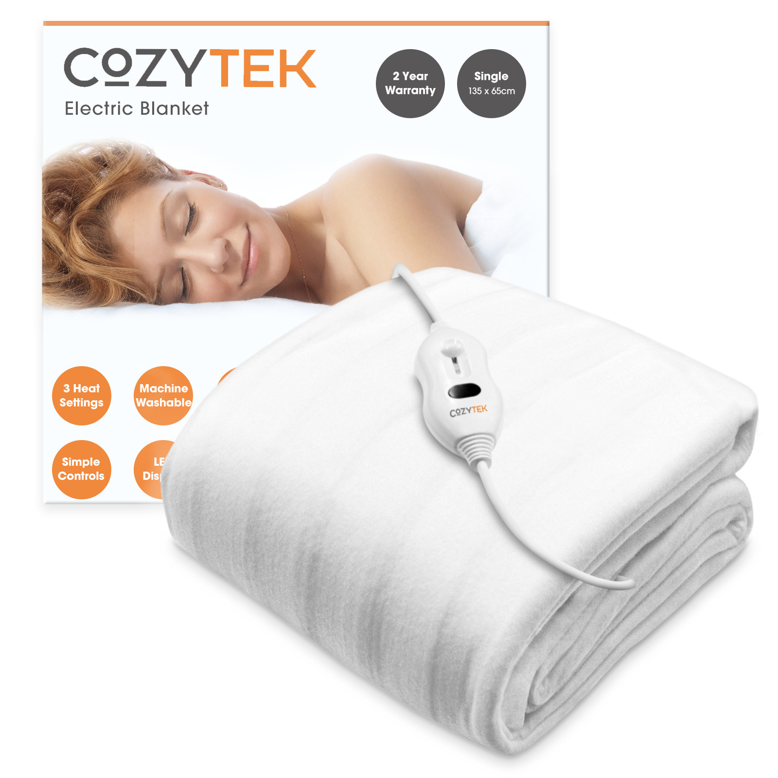 Cozytek Single Electric Blanket, 3 Heat Settings, Machine Washable | Soft polyester heated underblanket, 135 x 65cm, with 3 heat settings, detachable LED controller, tie straps and 2.3m cable. - Image 2