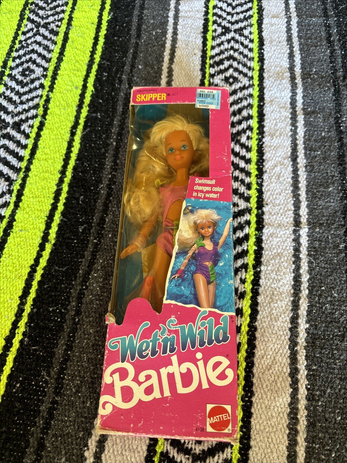Skipper Barbie Doll Blonde Wet 'n Wild- Swimsuit Changes Color NOS- Vintage 1989