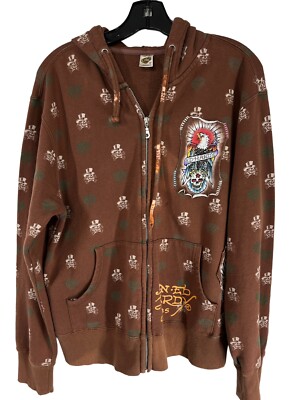 Ed Hardy Zip Sweatshirt Death Before Dishonor Hoodie Brown Unisex