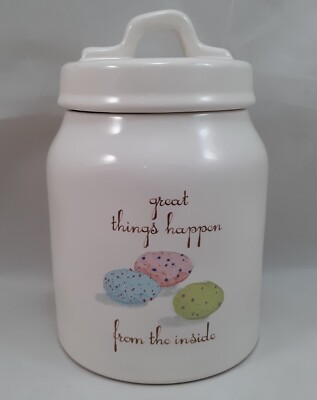 Rae Dunn Great Things Happen From The Inside Canister White Ceramic EasterNew