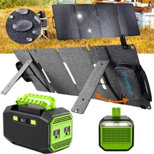 Portable 200W Power Station Generator AC Outlet Power Bank Charger w/Solar Panel