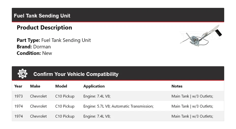 Unidade de envio de tanque de combustível Chevrolet C10 Pickup Dorman 1973-1974 - Imagem 2 de 4