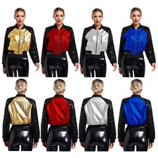 Womens Bomber Holographic Jacket Stylish Tops Metallic Coat Front Zipper Disco