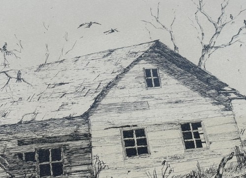 Framed & Matted Impressionist Signed Black & White Sketch Barn-Trees-Water 21x17 - Picture 4 of 14