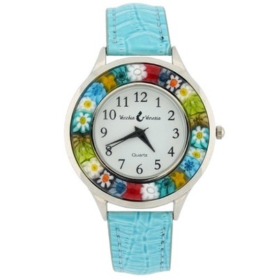 GlassOfVenice Serena Murano Millefiori Watch With Leather Band - Light Blue