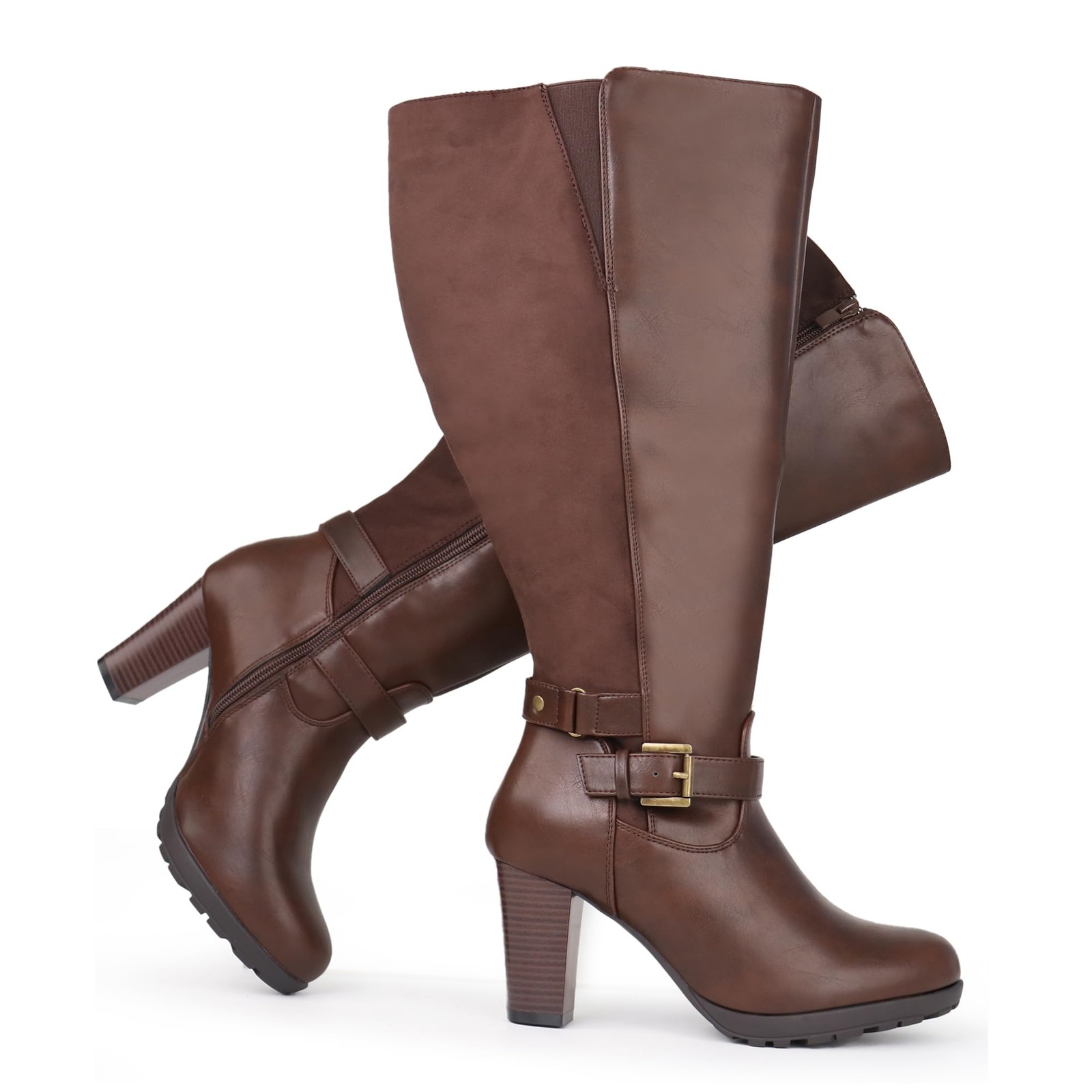Botas de vestir Chicblooms para mujer talla grande extra anchas de tacón alto de pantorrilla con...