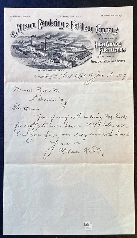BUFFALO & CHEEKTOWAGA, NY~ MILSOM FERTILIZER Co. ~ Illus. Letter Sheet 1897