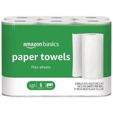 6 Rolls Amazon Basics 2-Ply Paper Towel, Flex Sheets, 150 Sheet per Roll, White