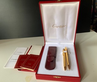 Cartier Must II Pen Set Ballpoint & Mechanical Pencil Gold Plated Box Papers