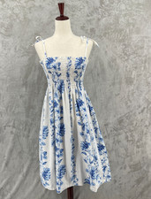 KY's Vintage Women's OS White Blue Hibiscus Floral Smocked Cotton Dress USA Made