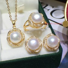 Zircon Crystal Inlay AAA Pearl Gold Stud Earrings Ring Pendant Necklace Set