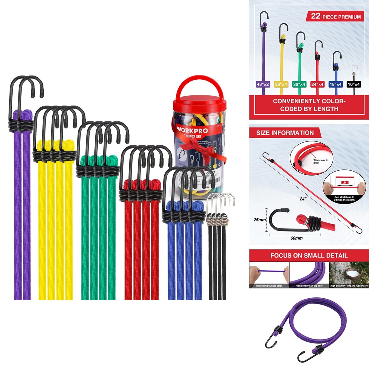 WORKPRO 22 PCS Bungee Cords 10" 18" 24" 30" 36" 48" Metal Hooks