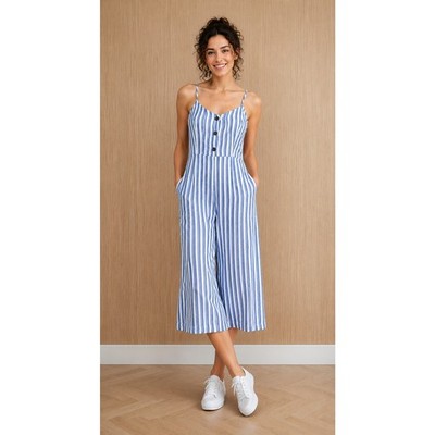 Gap Linen Cami Striped Wide Leg Jumpsuit Womens Size Large Pockets Coastal