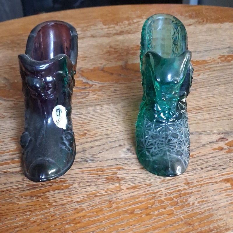 Glass Shoe Figurines Pair Floral Patterned Carvings Green Purple Decorative