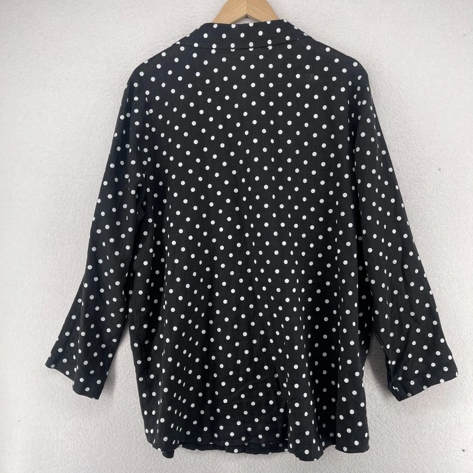 FLAX Top 女式 M 亚麻纽扣束腰外衣圆点 Lagenlook 长袖黑色 — 第 2/4 张图片