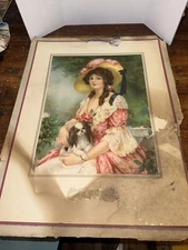 Vintage "KNOWLES HARU"chromolithograph     Print Lady &dog
