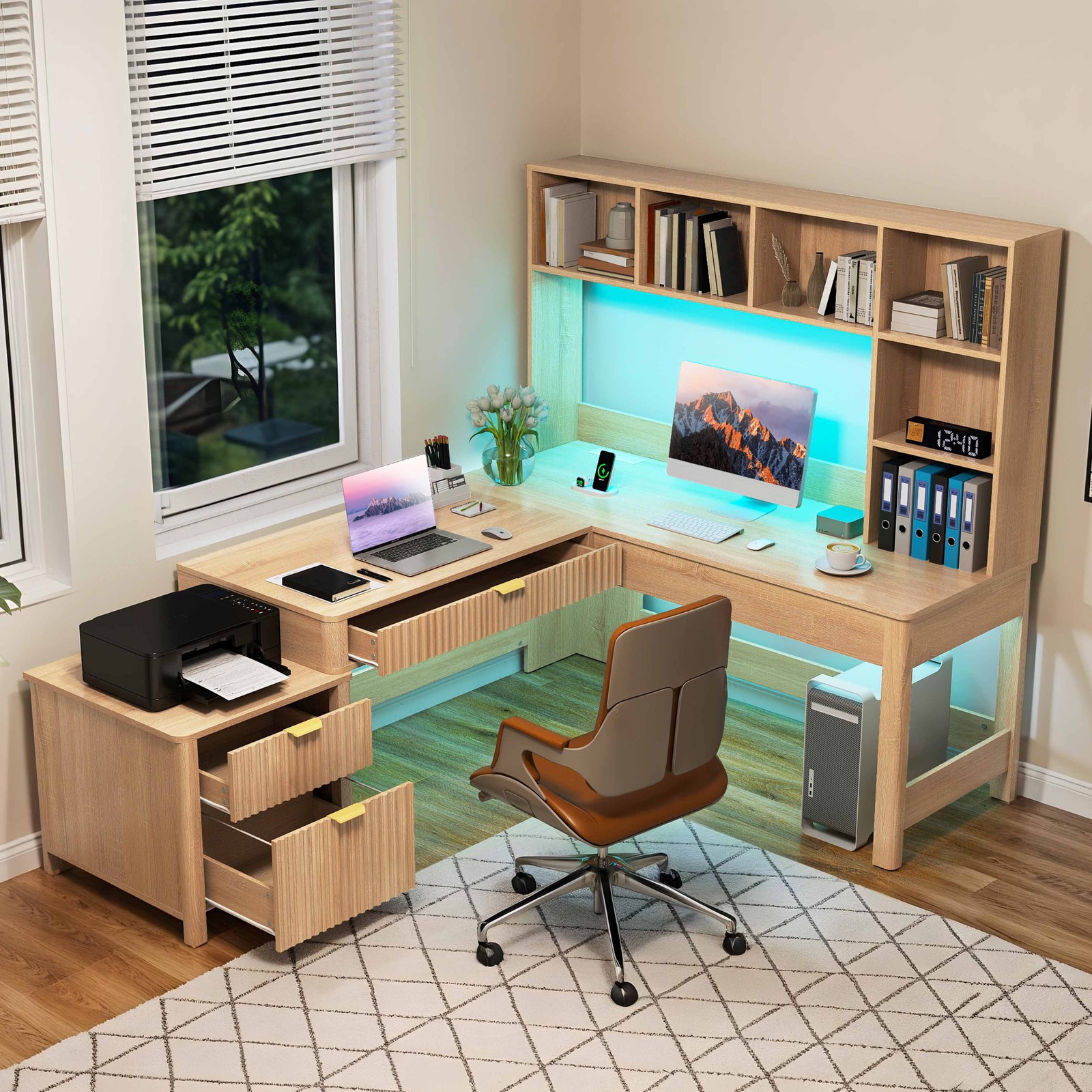 L Shaped Desk 67 inche Computer Desk Gaming Desk with Hutch & Drawers LED Lights