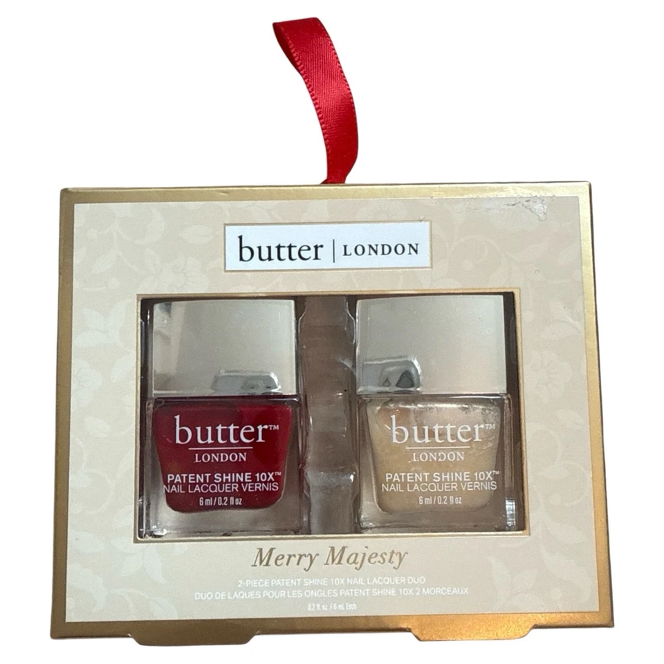 Paquete de 2 esmaltes de uñas Butter London Patent Shine Merry Majesty rojo crema dorado Foto 2 de 4