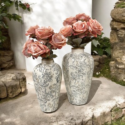 Clayre & Eef Rustikal Shabby Landhaus Vase Blumenvase Keramik Ranken Ornamente