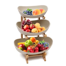 3-tier Fruit Storage Rack Fruit Plate Porcelain + Bamboo Stand Serving Stands US