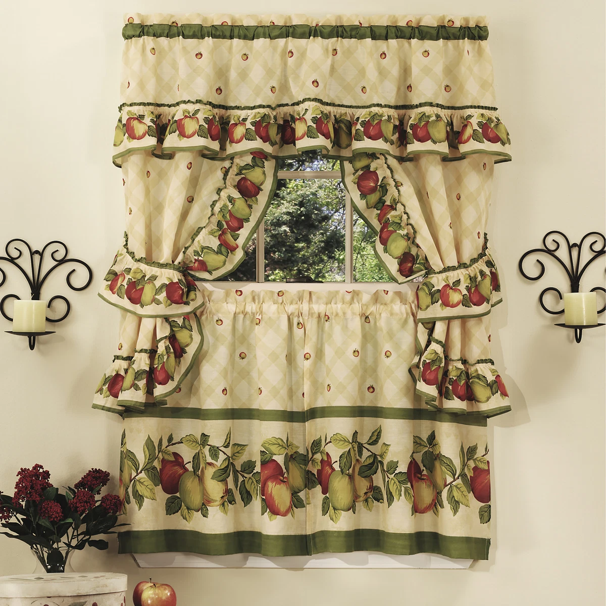 5PC Window Kitchen Curtain Cottage Set Apple Vines Tiers Valance Tiebacks