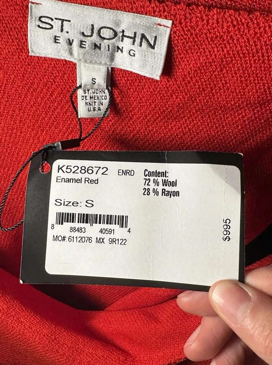 St. John Knits set abito 2 pezzi S M maglia un braccio formale festa San Valentino arruffato nuovo con etichette