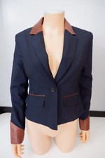 Elizabeth & James Navy Blue Jacket Wool Blend Leather Size Us 6 Uk 10 Vgc