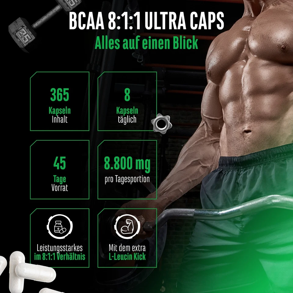 BCAA Ultra 8:1:1 = 365 Kapseln á 1100mg Hochdosiert - Leucin + Isoleucin + Valin - Bild 2 von 4