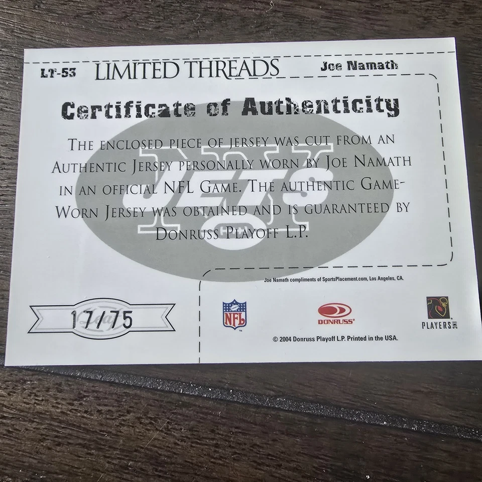 Футболка 2004 Leaf Limited Threads Joe Namath 17/75 LT-53 Donruss - Изображение 2 из 2