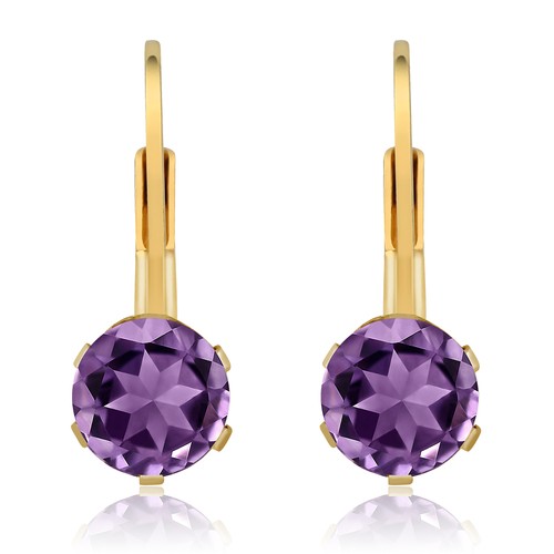 1.50 Ct 6MM Purple Amethyst Gemstone Birthstone Gold Plated Leverback Earrings - Picture 2 of 5