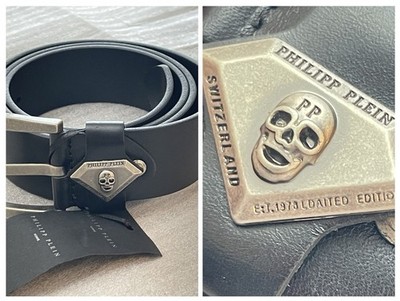 Philipp Plein Skull Men Belt Black Leather NWT Limited Ed Metal Buckle 45'' Italy