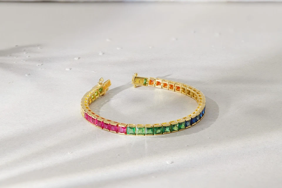 10K Yellow Gold 20Ct Rainbow Sapphires 7" Luxury Tennis Bracelet Multi-Color - Image 4 of 4