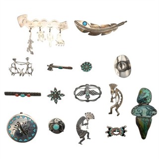 15 NATIVE AMERICAN NAVAJO SOUTHWESTERN TURQUOISE BROOCH STERLING SILVER LOT