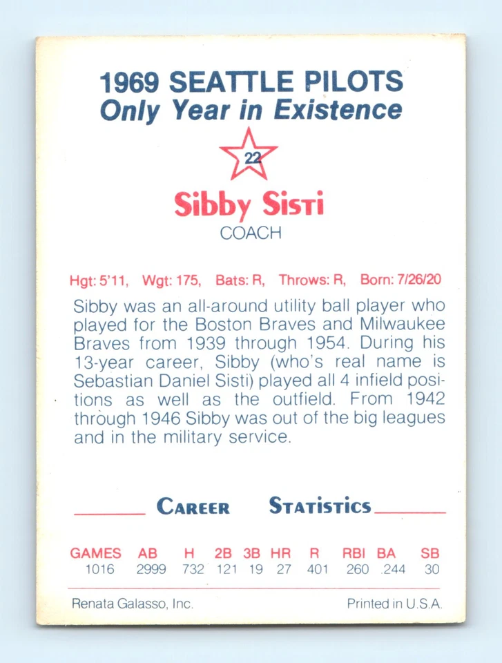 1983 Galasso 1969 Seattle Pilots #22 Sibby Sisti - Image 2 of 2
