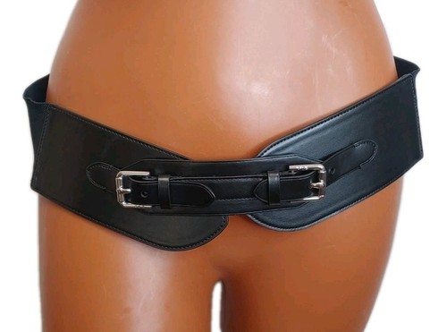 Lauren Ralph Lauren Stretch Waist Belt Double Buckle Large Black Faux Leather 3"