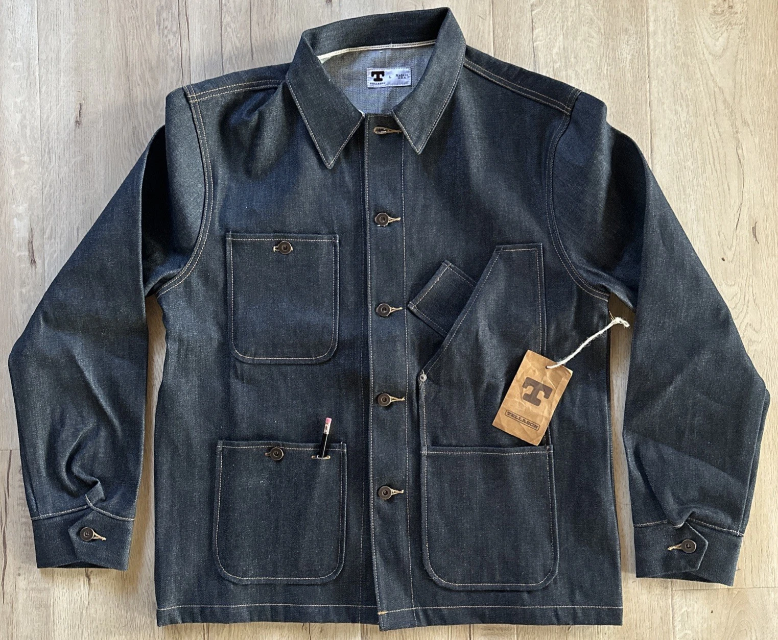 TELLASON SELVEDGE DENIM 32 OZ. “COVERALL” JACKET / NEW W/TAGS SZ. LG. USA MADE - product detail image 1