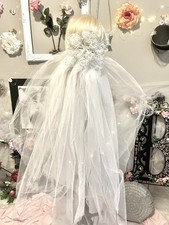 Vintage Crystal White Lace Flower Pearls Wedding Veil w/ Blusher   Mid Length