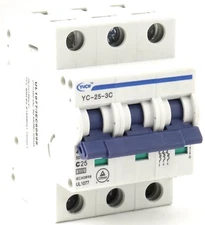 YuCo YC-25-3C Miniature Din Rail Circuit Breaker C Curve 25 Amp 3 Pole 480VAC 