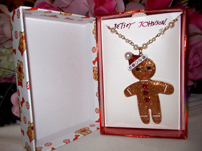 BETSEY JOHNSON DELICIOUS AND GLITTERY HOLIDAY GINGERBREAD MAN BEADED NECKLACE