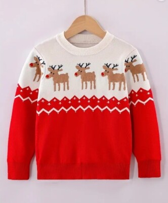 NEW Christmas Reindeer Boys Red Pullover Sweater
